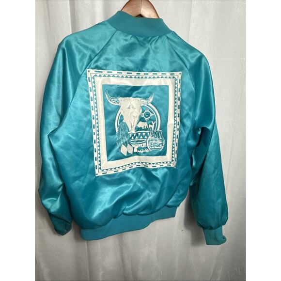 Vintage Turquoise Satin Jacket West Ark Southwestern Native Bar Lights Prod READ - Picture 13 of 14
